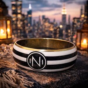 Vintage Mud Pie Monogram N Bangle Black White Stripe 80s Retro Bracelet